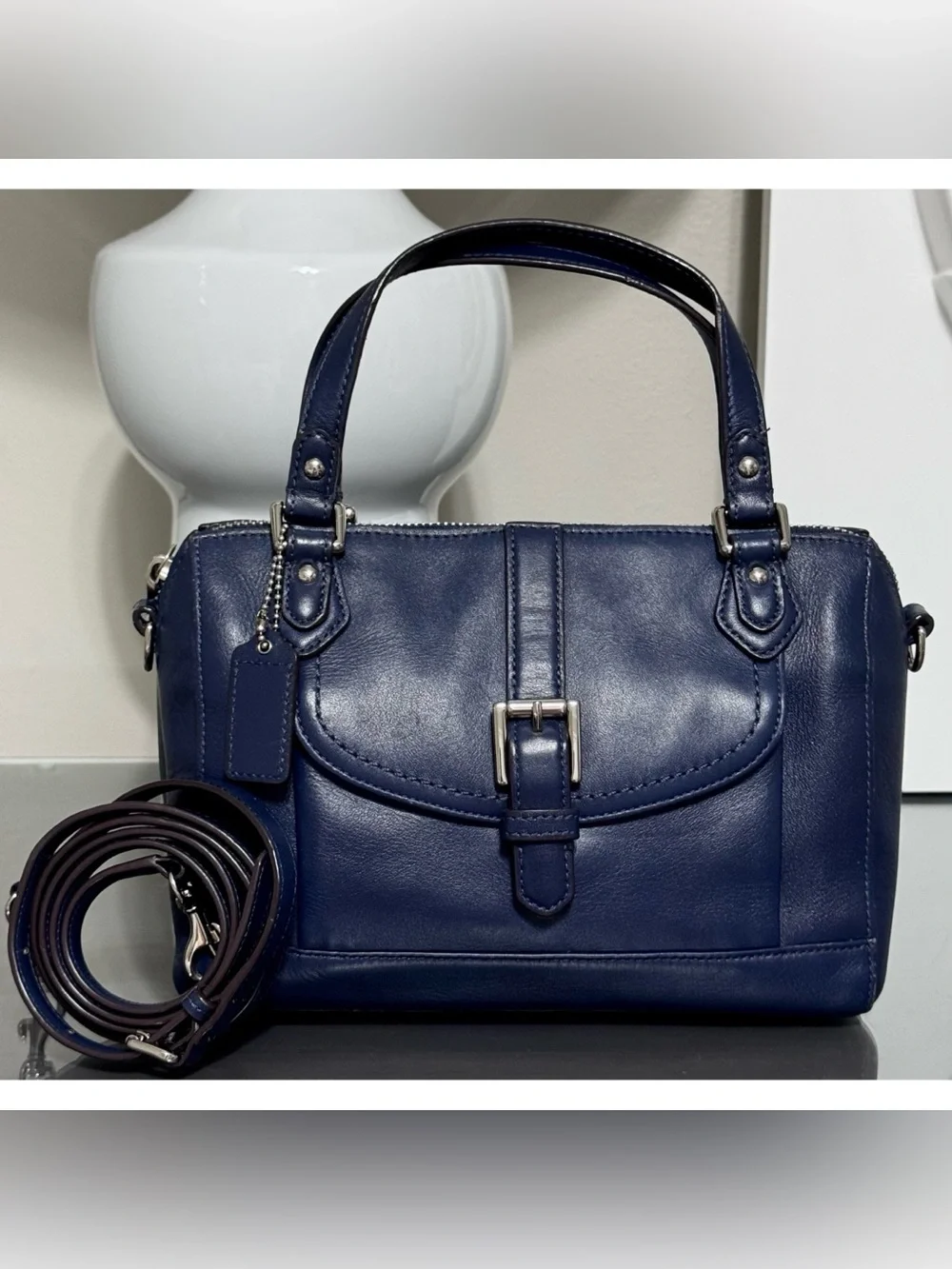 COACH Bleecker Leather Mini Satchel Crossbody Bag – NAVY BLUE